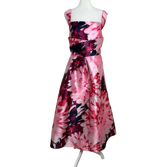 Kay Unger Marie Pink Floral Tea Length Dress 12 A-Line Square Neck Wedding Gues - Picture 3 of 10